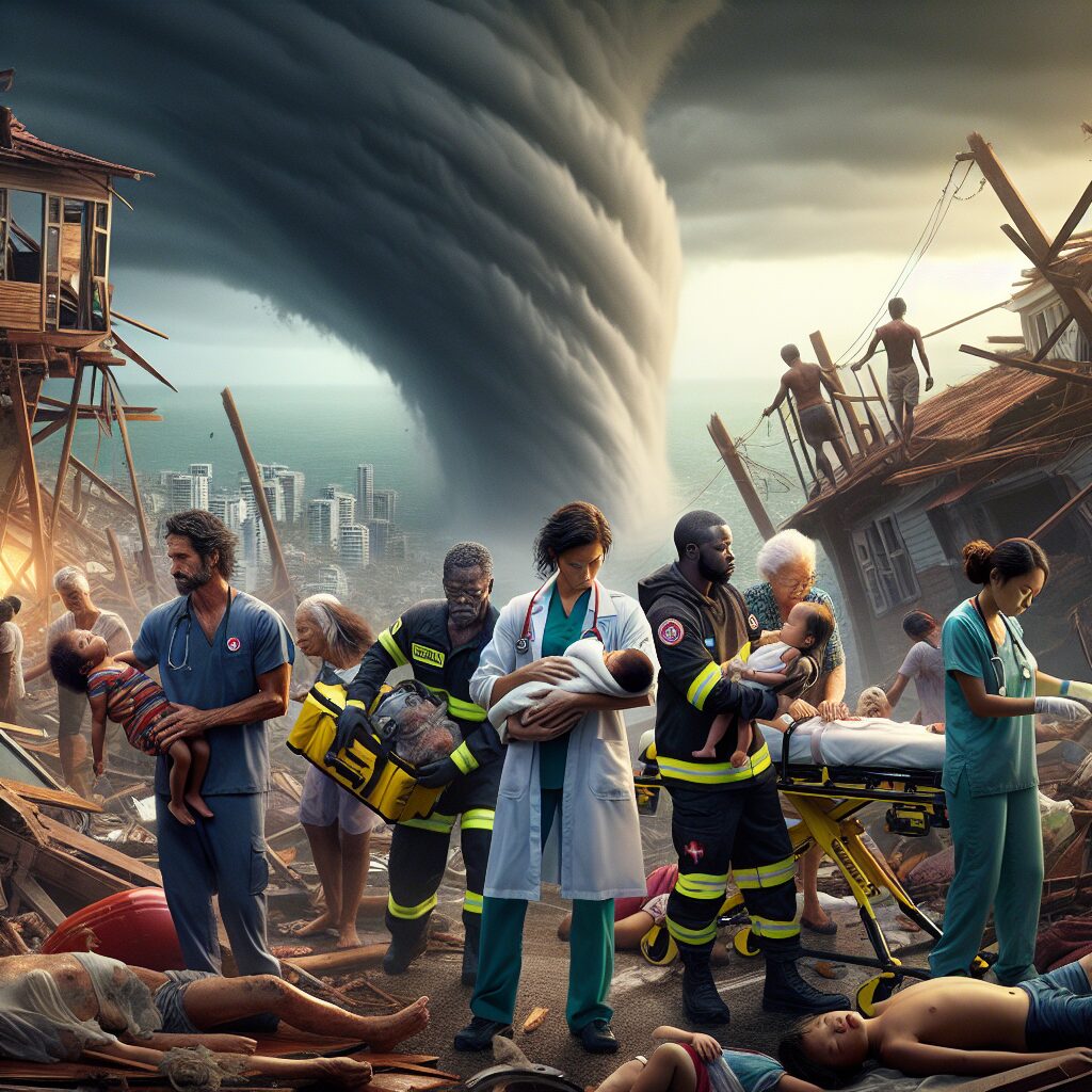 A dramatic scene showing the aftermath of Cyclone Chido hitting Mayotte. The image should depict damaged infrastructure and emergency health workers in action, assessing the situation and assisting the affected community.