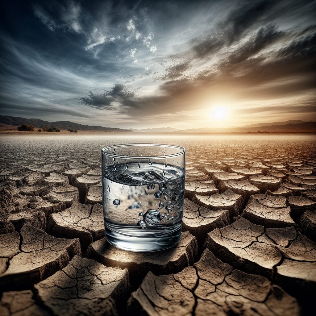 A dramatic depiction of global water scarcity, showing dry, cracked earth juxtaposed with a clear, full glass of water, emphasizing the contrast and urgency.