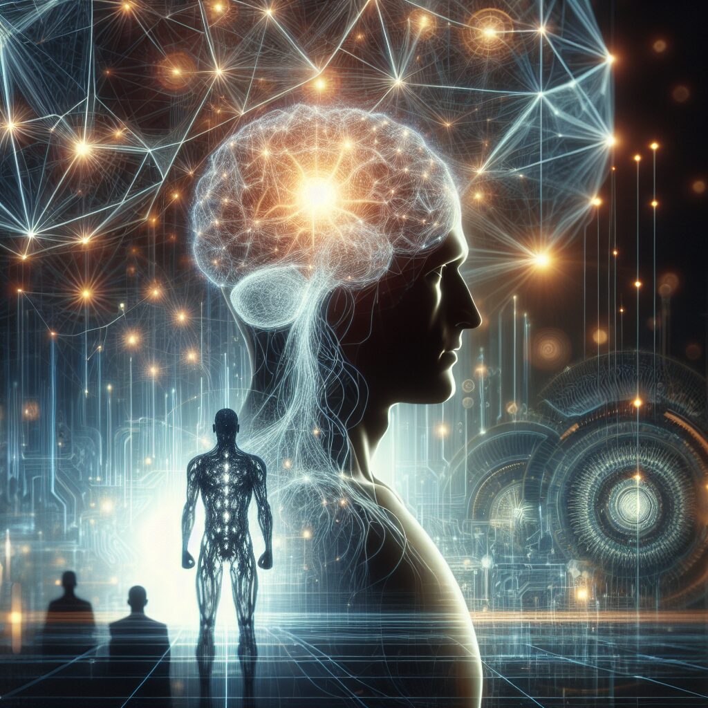 A futuristic image of artificial intelligence represented as a network of neural connections, with a human silhouette in the background symbolizing hope and recovery in a medical setting.