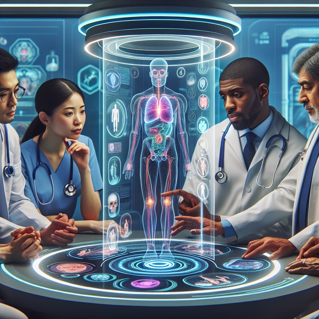 A futuristic portrayal of Artificial Intelligence interacting with medical professionals in a clinical setting, showcasing a successful patient treatment.