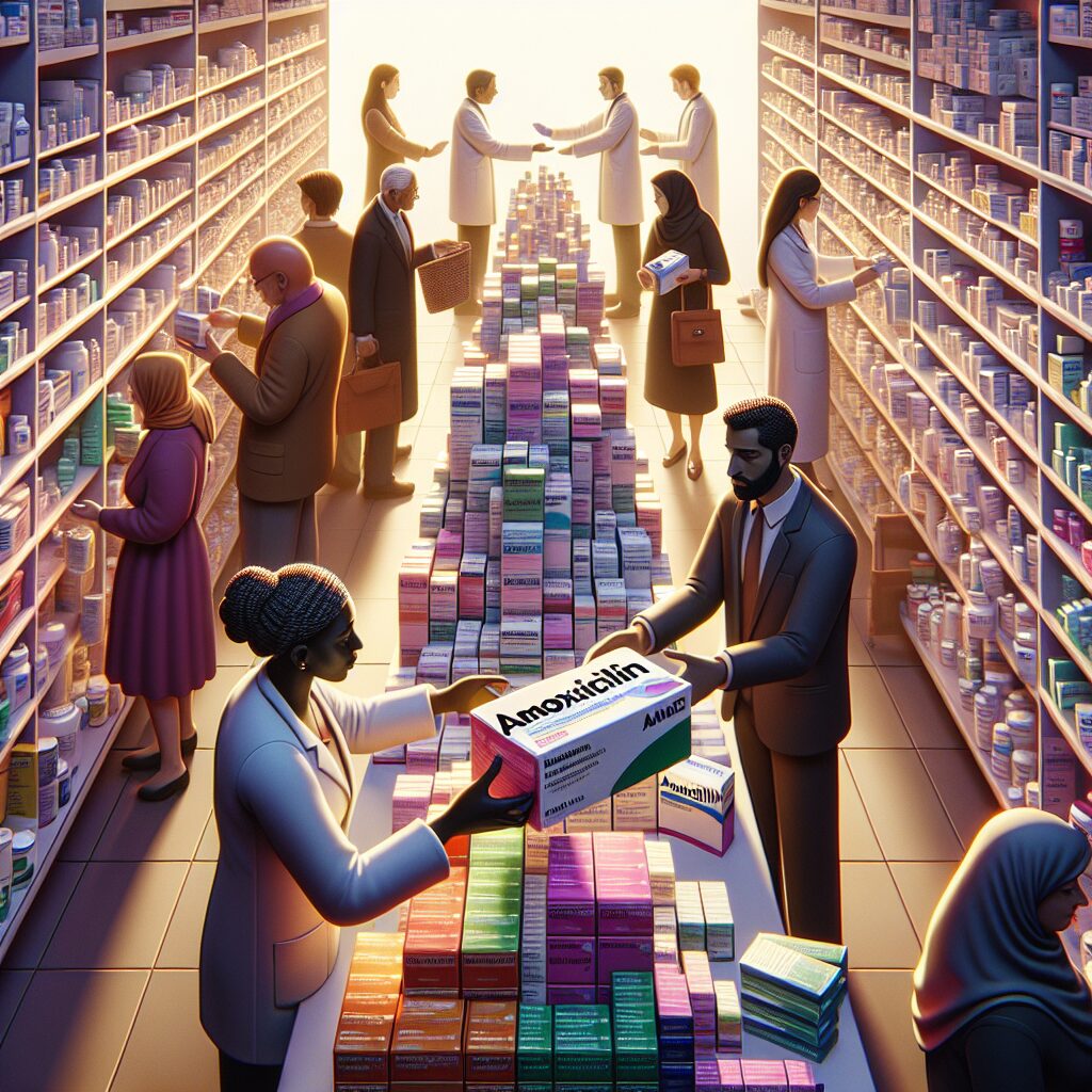 A bustling pharmacy with a variety of medication boxes, prominently featuring amoxicillin, symbolizing the end of a medication shortage.
