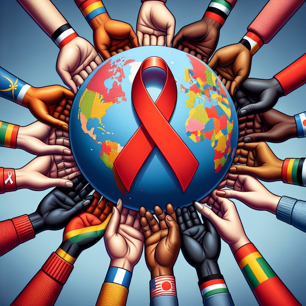 A symbolic image representing the fight against AIDS, featuring red ribbons, a globe, and diverse hands joining together in solidarity, with a hopeful and impactful tone.