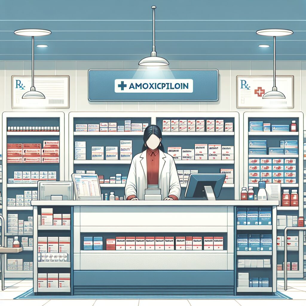 An image depicting a pharmacist's shelves filled with amoxicillin boxes, illustrating its availability, with a background of a modern pharmacy setting.