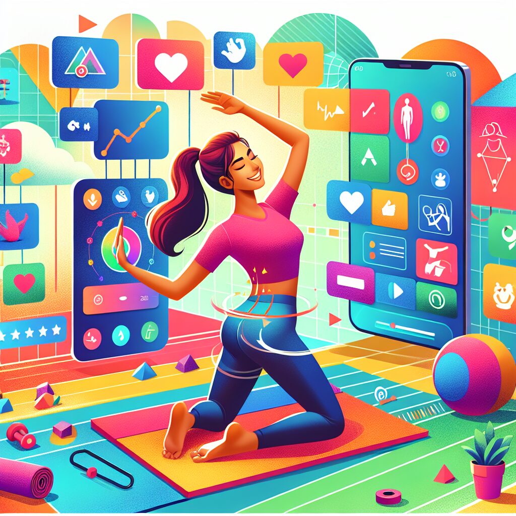 An engaging illustration showing a person happily using a mobile app for back exercises. The setting is modern and tech-inspired, with visual elements like yoga mats, mobile screens displaying exercises, and symbols of health and wellness, set in a bright and motivating color palette.