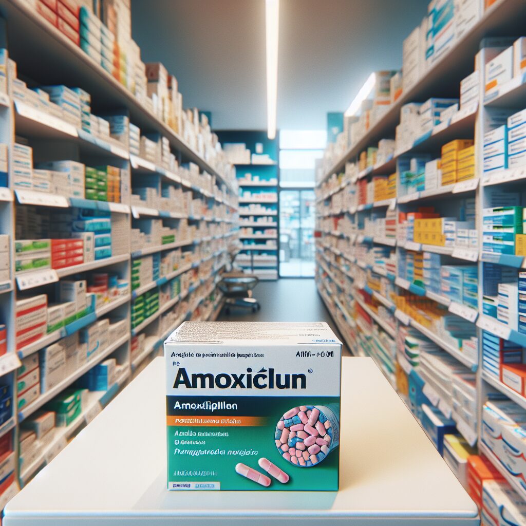 Image d'une pharmacie moderne en France, bien achalandée avec des boîtes de médicaments, axée sur une boîte d'amoxicilline mise en avant, surmontée de rayonnages colorés et bien organisés.