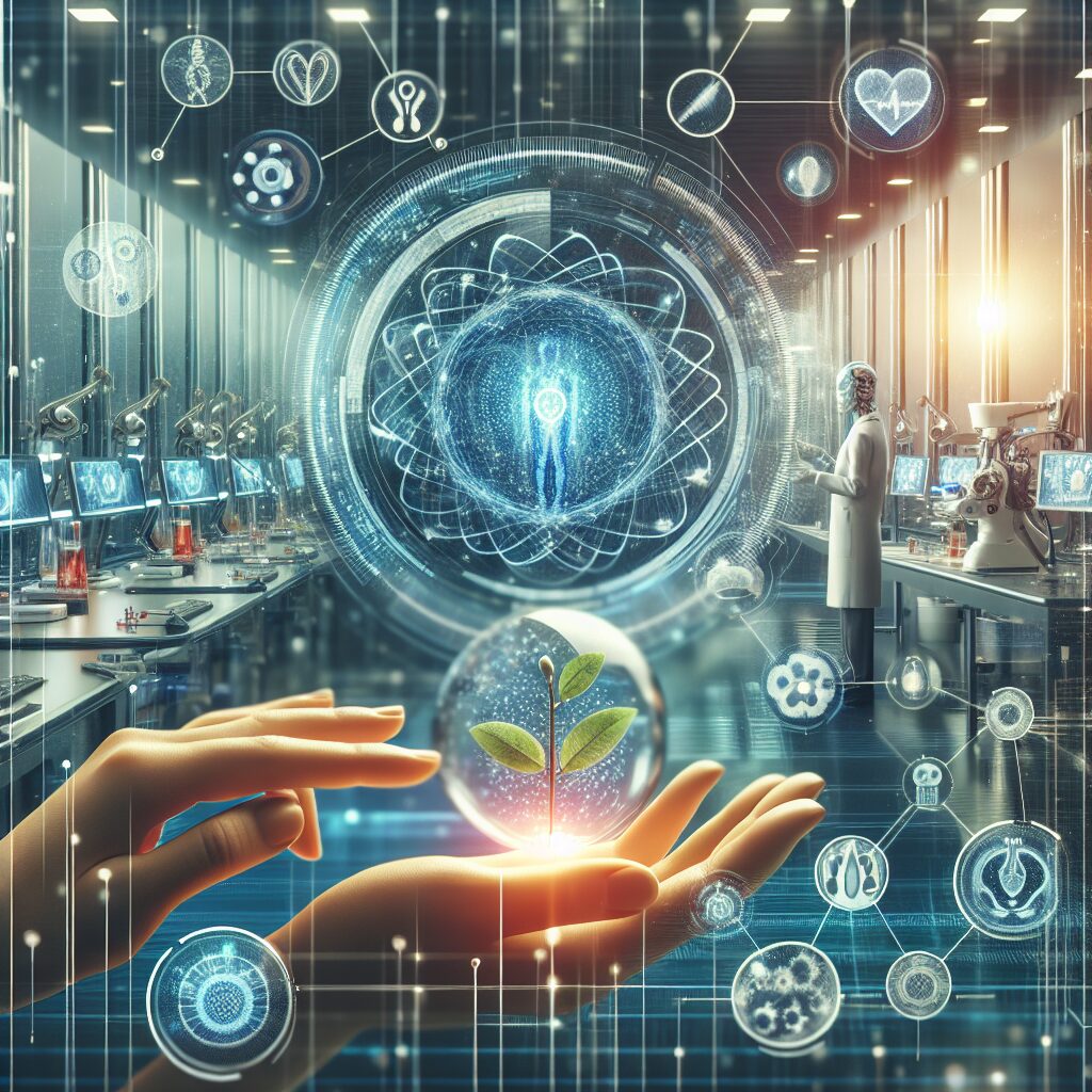 A futuristic representation showcasing an AI system determining a medical treatment, with a background of a laboratory setting blending human elements, symbolizing hope and advanced technology in healthcare.