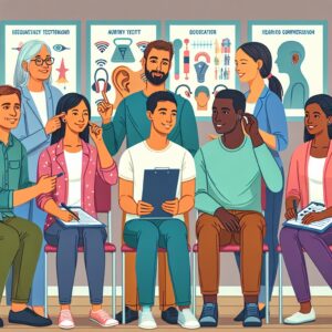 Une illustration montrant un groupe diversifié de personnes engageant dans une vérification de leur acuité auditive, dans un cadre amical et éducatif, avec des affiches et des outils de test auditif en fond.