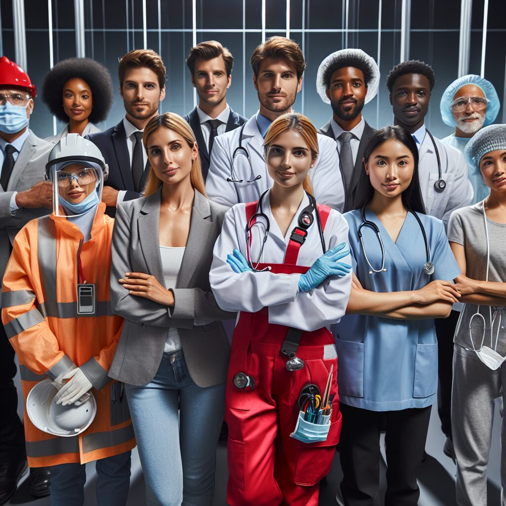 A diverse group of professional workers in a workplace setting with medical symbols like stethoscopes and safety gear, illustrating prevention of occupational diseases.
