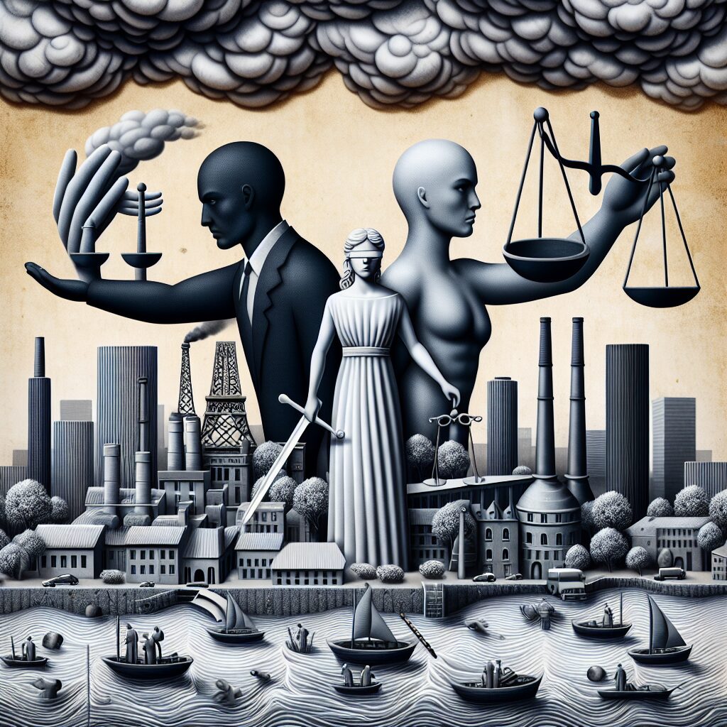 An image depicting a symbolic representation of water pollution in Paris, featuring industrial contaminants and a concerned cityscape organized around symbols of justice and responsibility.