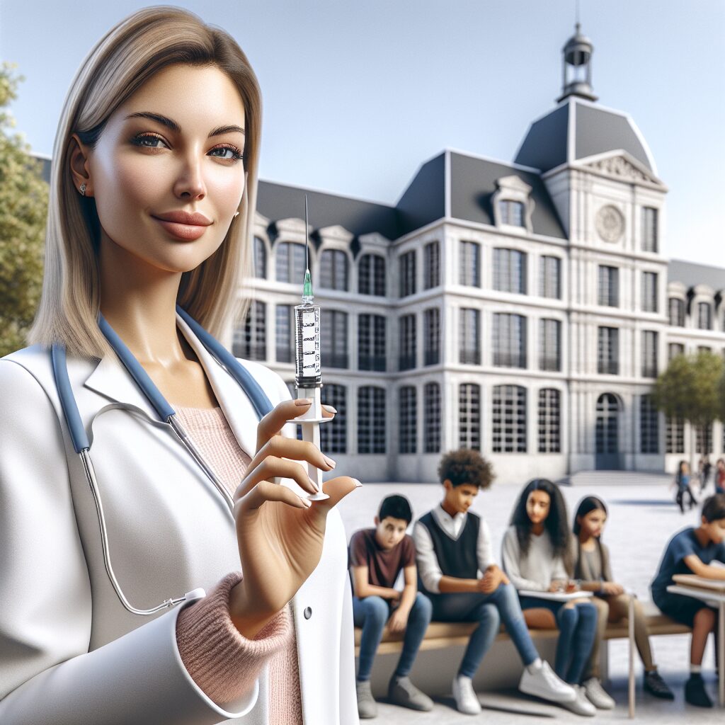 A medical professional holding a syringe with a background of a school setting, representing a vaccination campaign in France for HPV prevention, highlighting the theme of healthcare and education collaboration, in a realistic and hopeful style.