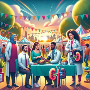 A vibrant and informative illustration depicting people engaging in kidney health activities during the National Kidney Week. The image should include diverse participants, medical professionals, and informational stands, all set in a lively outdoor event atmosphere.