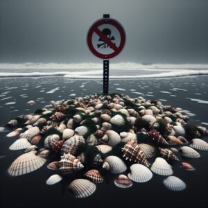 Des coquillages sur une plage du littoral Atlantique lors d'une grande marée, avec un panneau d'interdiction visible. L'atmosphère est sombre et nuageuse, illustrant le risque sanitaire dû à la présence d'algues toxiques.