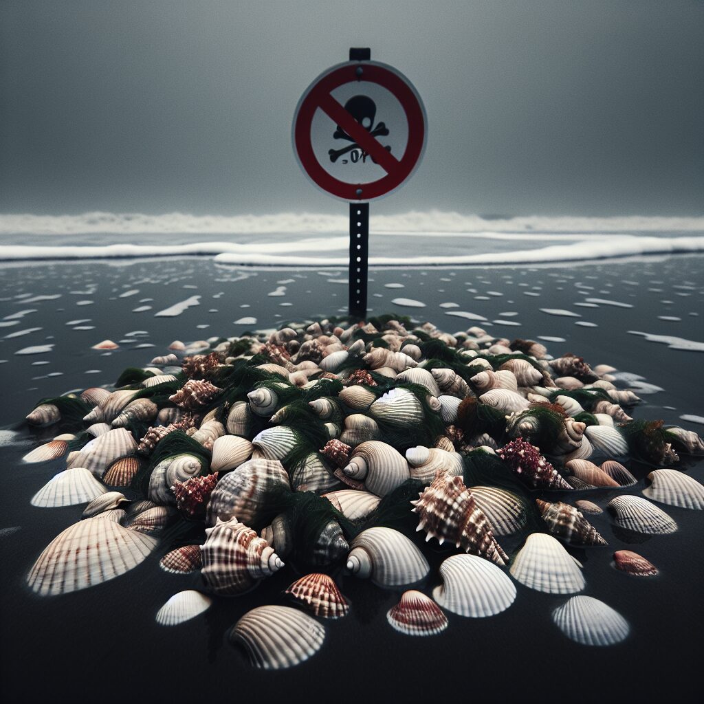 Des coquillages sur une plage du littoral Atlantique lors d'une grande marée, avec un panneau d'interdiction visible. L'atmosphère est sombre et nuageuse, illustrant le risque sanitaire dû à la présence d'algues toxiques.