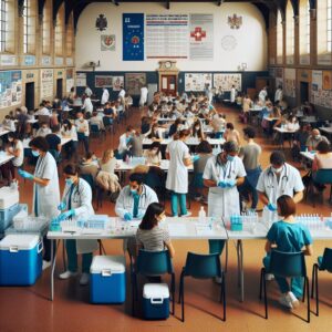 A crowded school environment in Isère, France, with healthcare professionals conducting a measles vaccination event, highlighting the urgency and organized response to a local outbreak, with charts and medical equipment in the scene.