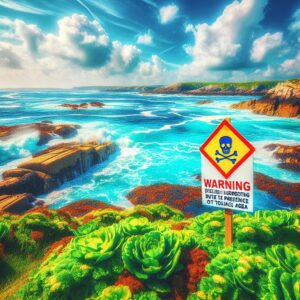 A scenic view of the Atlantic coastline during high tide, with a focus on bright blue ocean waves crashing against the rocky shore under a clear sky. In the foreground, a warning sign indicating prohibition of shellfish harvesting due to toxic algae, with lush green vegetation and marine life visible.