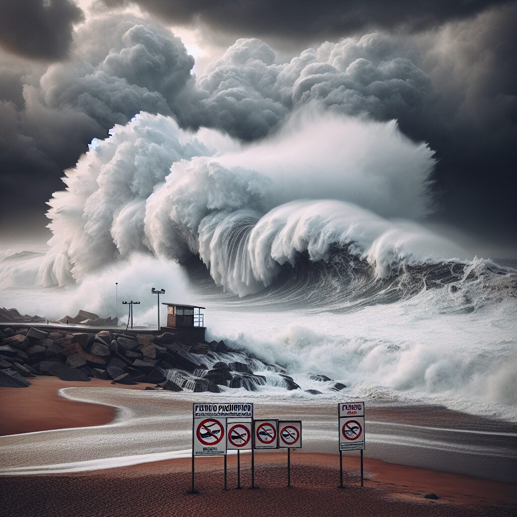 Image de grosses vagues frappant le rivage d'une côte atlantique lors d'un week-end de grandes marées, avec des panneaux d'interdiction de pêche visibles sur la plage et une atmosphère nuageuse et inquiétante.
