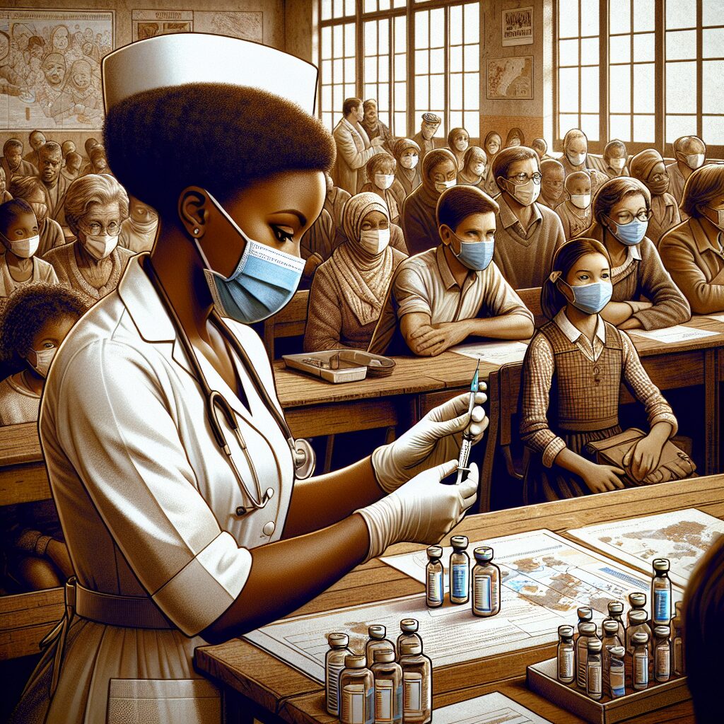 A detailed image showing a healthcare professional preparing a vaccine in a school setting in Isère, France, with concerned parents and children waiting for vaccination. The atmosphere should be urgent and focused, reflecting a public health response.