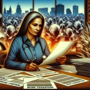 An illustration of a vigilant healthcare inspector reviewing work stoppage claims, surrounded by medical documents and a cityscape backdrop, symbolizing the fight against fraud in the health system.