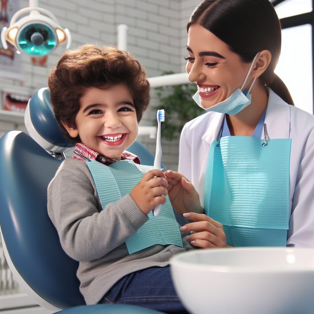 An illustration of a happy child at a dentist's appointment, with a friendly dentist showing a toothbrush, in a bright and welcoming dental clinic setting. The atmosphere should be reassuring and educational, emphasizing dental care for children and young adults.