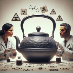 A cast iron teapot being inspected by health officials, with warning signs and chemical symbols around it, set in a neutral background. The image should convey a sense of urgency and health risk, focusing on the teapot and official inspection elements.