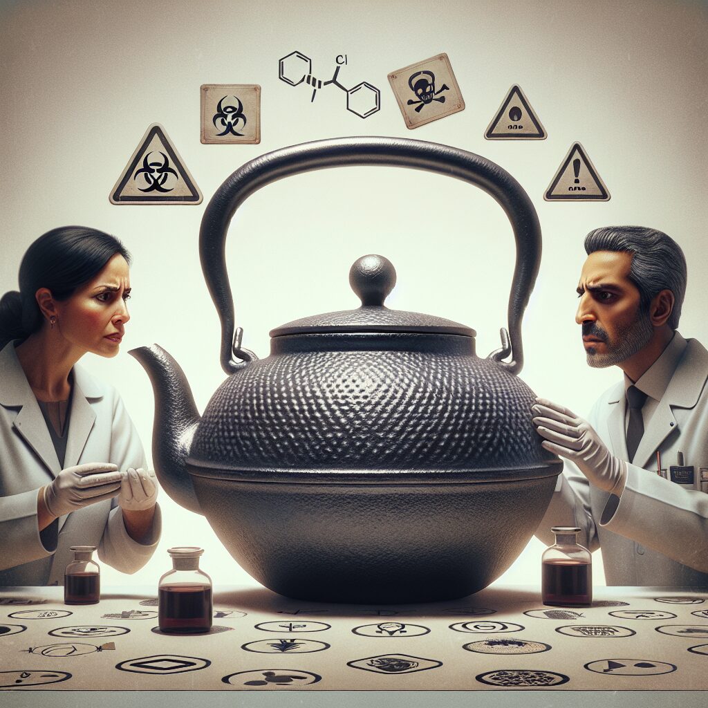 A cast iron teapot being inspected by health officials, with warning signs and chemical symbols around it, set in a neutral background. The image should convey a sense of urgency and health risk, focusing on the teapot and official inspection elements.