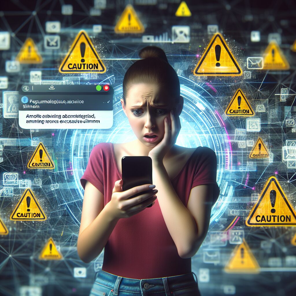 Young woman looking at a TikTok app on her phone nervously, surrounded by caution symbols and warnings about extreme thinness, in a digital abstract background reflecting social media influence.