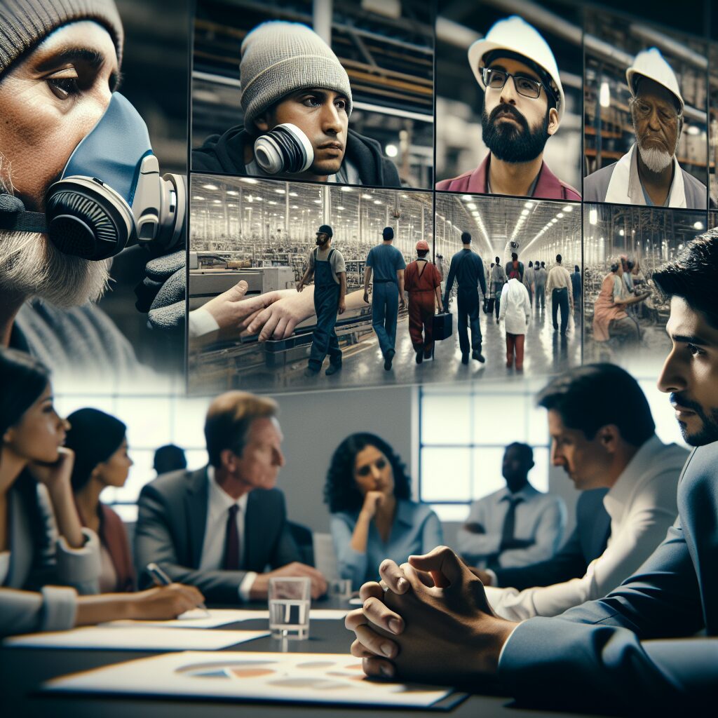A thought-provoking still from a documentary film focusing on occupational diseases, depicting workers in industrial and office settings with visible symptoms, alongside experts and employers in discussions. The atmosphere should convey a sense of awareness and prevention.