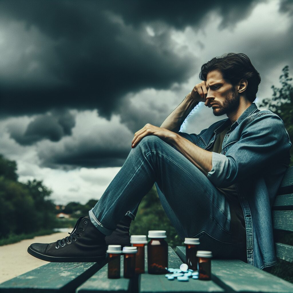 A thoughtful person seated alone on a park bench under a cloudy sky, with scattered pill bottles at their feet, symbolizing contemplation of medication use for anxiety and insomnia.
