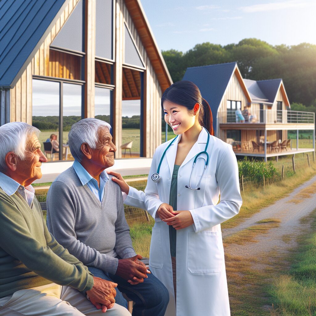A serene rural landscape in Occitanie, France with a modern healthcare center in the foreground. A doctor, appearing content and relaxed, is interacting with patients of various ages, symbolizing accessible healthcare in rural communities.