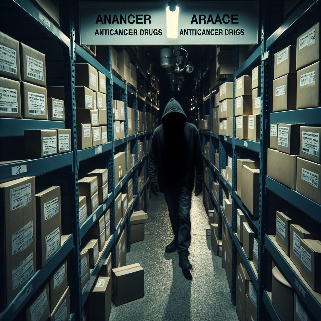 Illustration d'un entrepôt de médicaments avec des cartons étiquetés 'anticancéreux' en cours de vol la nuit, ambiance sombre et inquiétante, présence d'une silhouette vague et cagoulée, caméras de surveillance visibles.