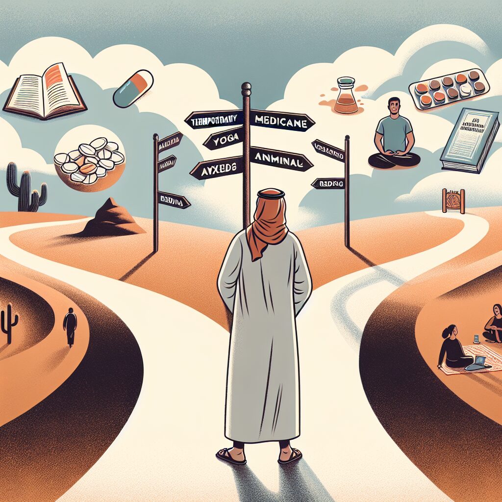 Une illustration montrant un individu hésitant devant deux chemins, l'un vers les médicaments et l'autre vers des activités saines comme le yoga et la lecture, représentant le choix entre traitements temporaires et solutions durables pour l'anxiété et l'insomnie.