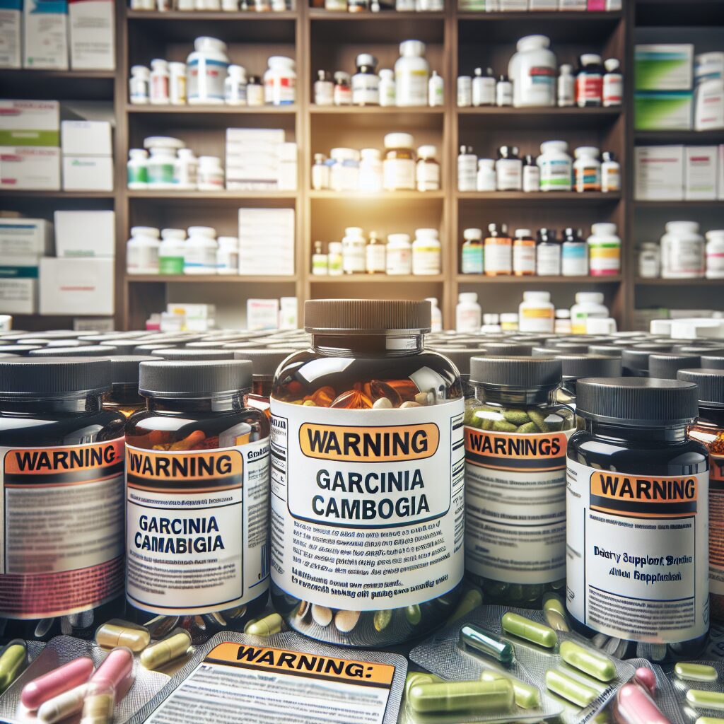 A multitude of dietary supplement bottles with highlighted warnings on labels, focusing on Garcinia Cambogia, set against a background of a pharmacy counter.