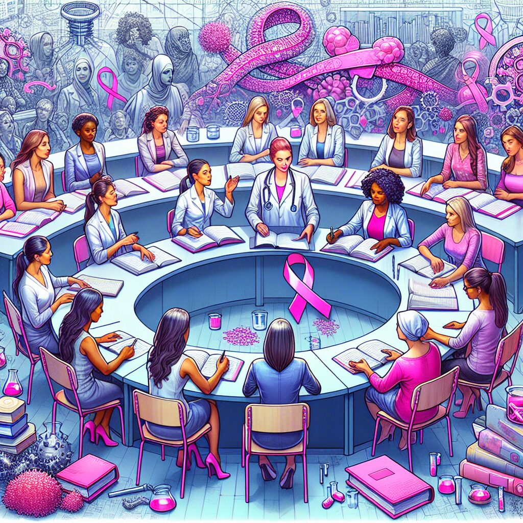 A scientific illustration showing a diverse group of women in an educational setting, with visual elements representing breast cancer awareness like pink ribbons and educational books.