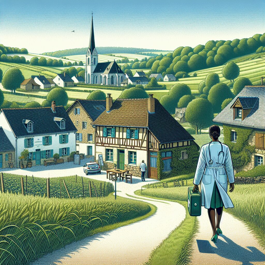 An image depicting a rural village in France with a healthcare theme. In the foreground, a doctor carrying a medical bag is walking towards a small clinic, symbolizing the effort to bring healthcare to underserved rural areas. The background shows lush green fields and a traditional French village under a clear blue sky.