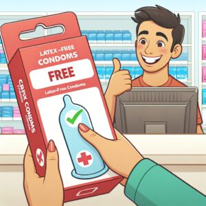 Une image illustrant une boîte de préservatifs sans latex sur un comptoir de pharmacie, avec un jeune adulte heureux de moins de 26 ans recevant ses préservatifs gratuits.