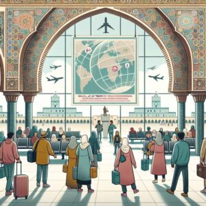 Visuel de l'épidémie de rougeole au Maroc, montrant des voyageurs dans un aéroport avec des affiches de prévention de santé, encadré par des éléments marocains traditionnels et un fond de cartes ou globes pour symboliser l'internationalité et la santé.