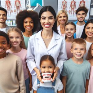A diverse group of children and young adults, ages 3 to 24, smiling with healthy teeth, standing in a dental clinic. They are accompanied by a friendly dentist in a white coat showing a dental model, against a background of dental care posters and tools. Bright and welcoming atmosphere.