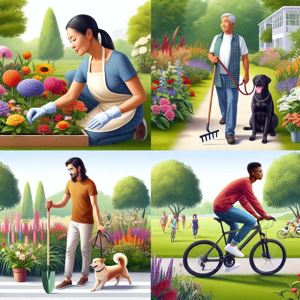 A diverse group of people engaging in various moderate physical activities like gardening, walking, and biking in a vibrant park setting, emphasizing a relaxed and balanced lifestyle.