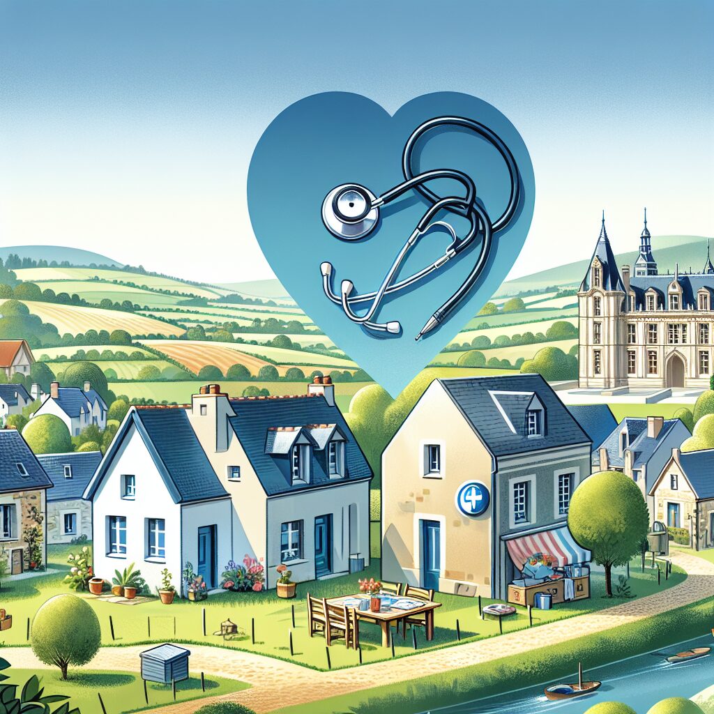 An illustration depicting a French rural village with a stethoscope symbolizing medical care improvements, with the French national assembly in the background, under a clear blue sky.