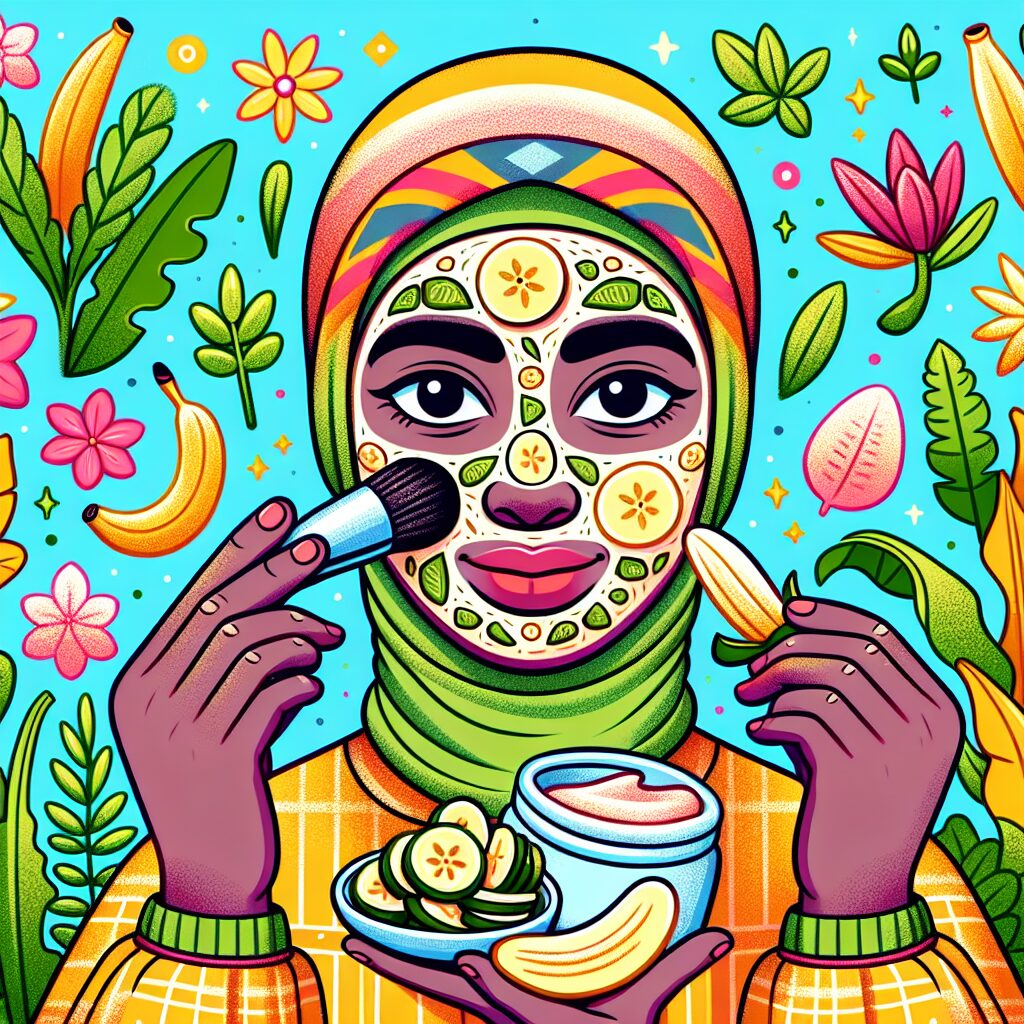 A person applying a natural facial mask with banana peel, surrounded by colorful natural plants and a skeptical expression, in a bright and playful style.