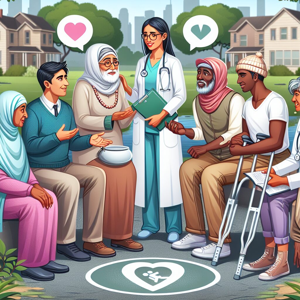 An illustration showing diverse healthcare professionals engaging with individuals from various vulnerable groups, in a community setting, discussing health, nutrition, and preventive care. The setting should be welcoming and supportive, emphasizing accessibility and inclusivity.