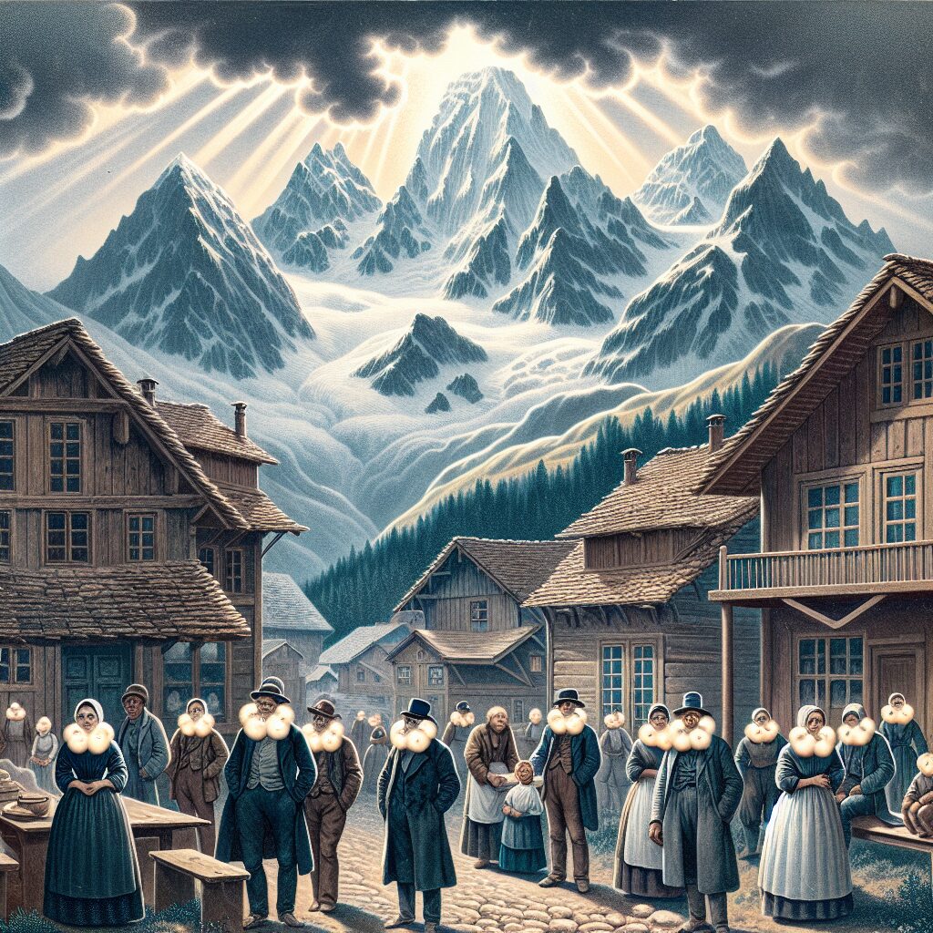 A historical illustration of 19th century Alpine villagers with visible health impacts due to iodine deficiency, set against the backdrop of the majestic Alps.