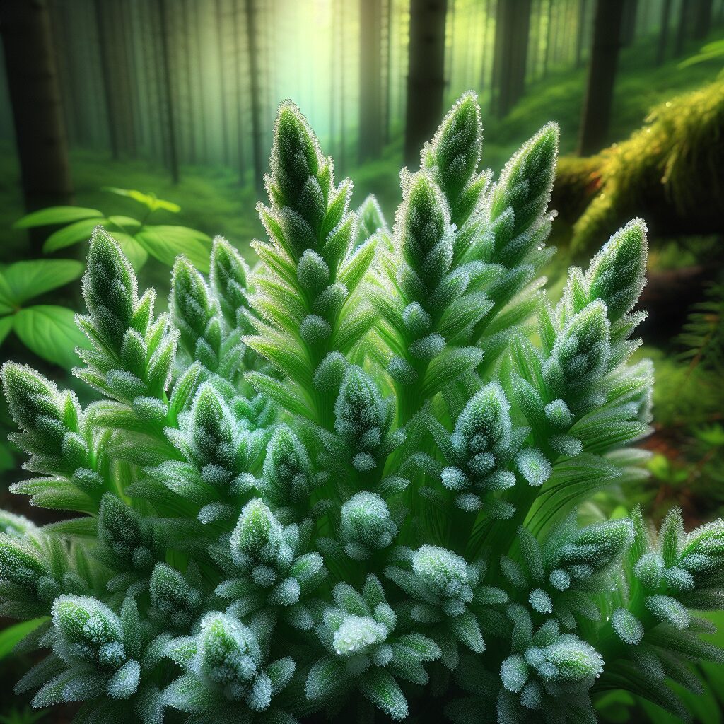 A close-up of wild woodland asparagus with a blurred forest background, contrasting the green asparagus tips with delicate white crystals, symbolizing the risk of toxic ingestion, taken in natural light.