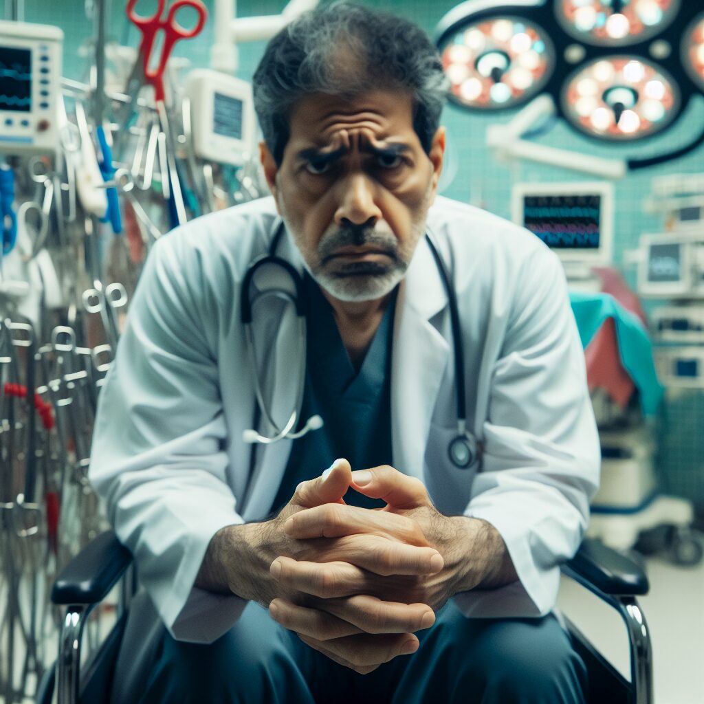 A hospital operating room with a blurred background of medical equipment, focusing on a frustrated middle-aged man sitting in a wheelchair, visibly upset.