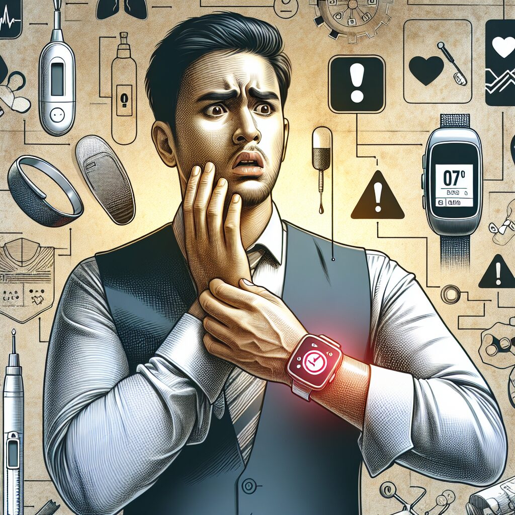 An image illustrating the dangers of unvalidated non-invasive blood glucose measuring devices, showing a concerned diabetic person using a smart ring or watch, with warning signs and medical symbols.