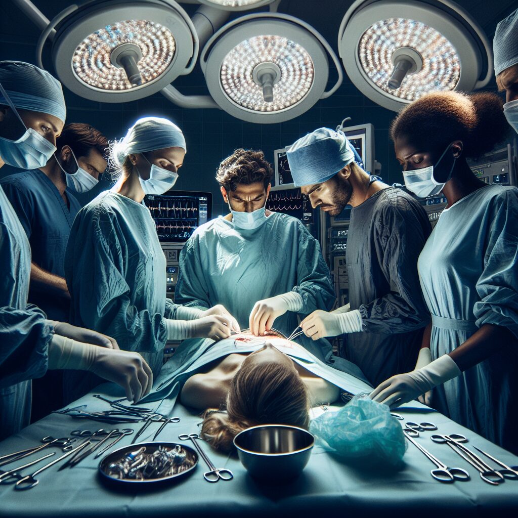A serious scene in a hospital operating room with surgeons, medical equipment, and a patient on the table. The atmosphere is tense, focusing on the complexities and risks of surgery.