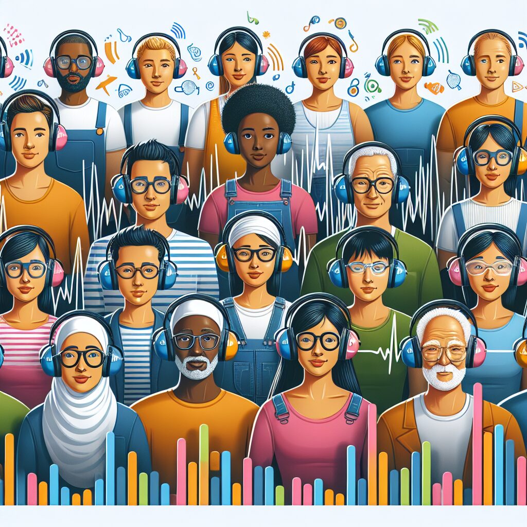 A diverse group of people of different ages wearing ear protection and using hearing health devices, such as headphones and hearing aids, in a vibrant, educational setting. Include symbols of sound waves and highlighted text about hearing awareness.