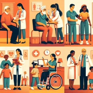 Illustration of diverse individuals of various ages engaging in health checkups and preventive care activities, with healthcare professionals offering guidance and support. The setting is welcoming with a focus on inclusivity and accessibility.