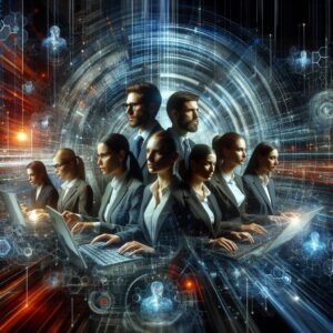 A sophisticated and dynamic depiction of digital fraud investigation, showcasing determined fraud investigators working with advanced technology to safeguard healthcare systems, with a backdrop of virtual cyber networks and digital data streams.