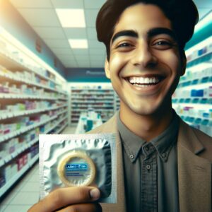 A young adult smiling while holding a box of latex-free condoms in a pharmacy, symbolizing health and prevention.